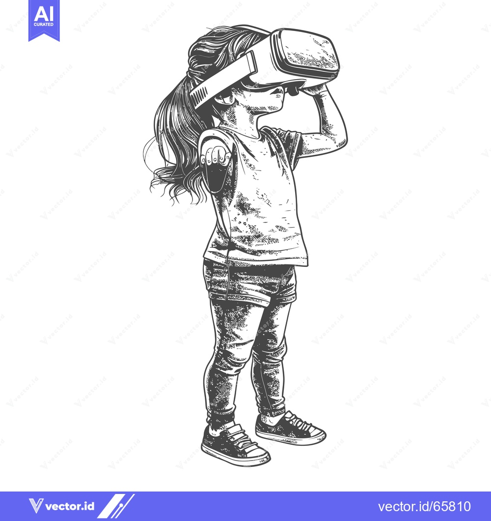 Premium Vector of A young girl wearing a virtual reality headset and looking up
