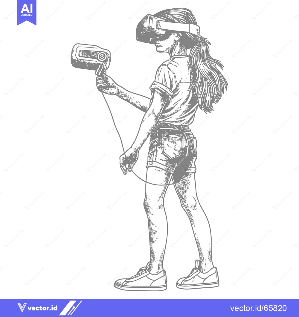 Premium Vector of Girl Wearing Virtual Reality Headset and Holding Controller