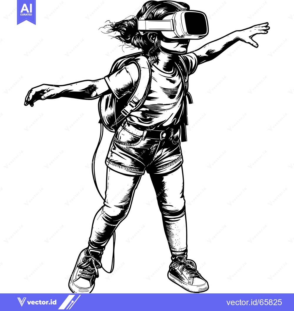 Premium Vector dari A girl wearing a VR headset and backpack, reaching out with her right