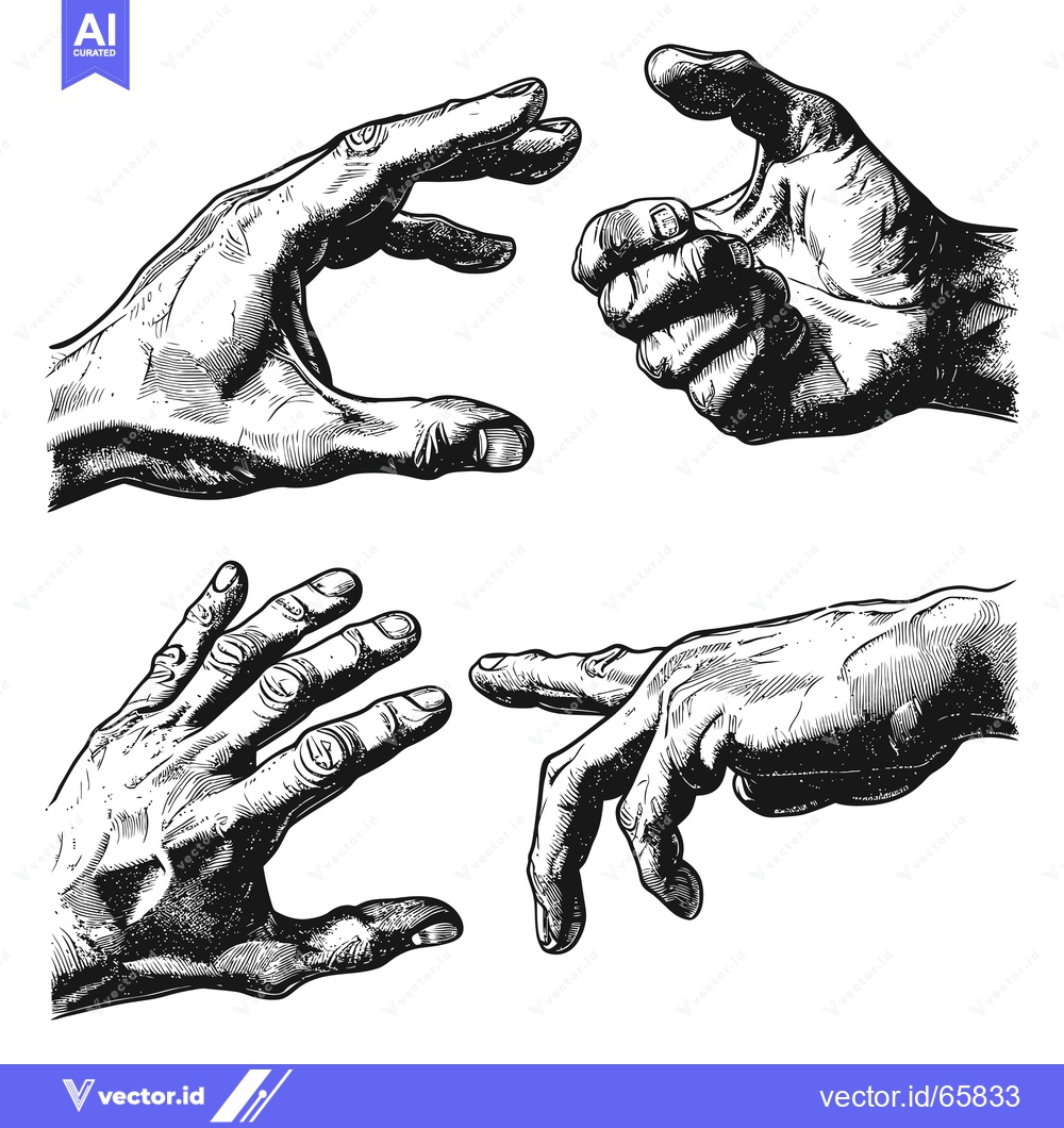 Premium Vector dari Four Detailed Line Drawings of Human Hands in Various Poses