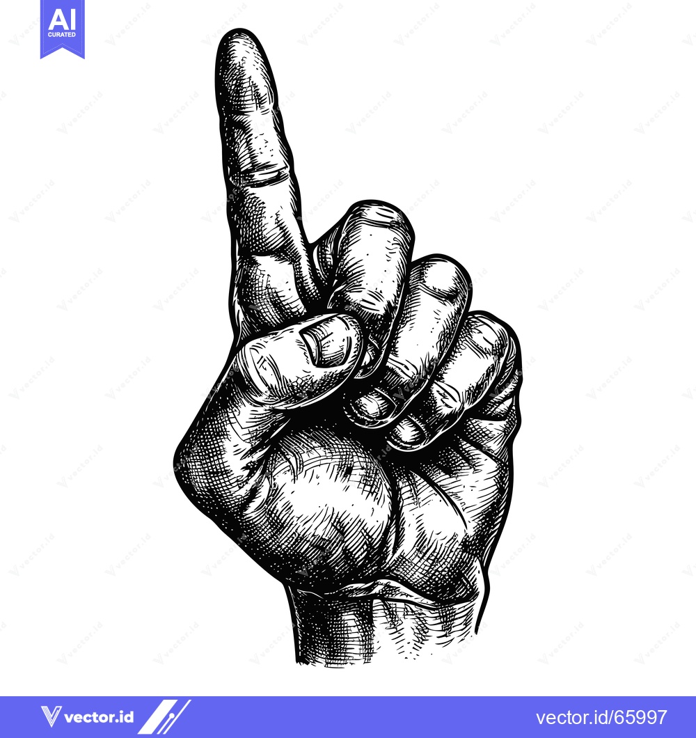 Premium Vector of Hand Gesture, Black and White Illustration, Index Finger Pointed Up