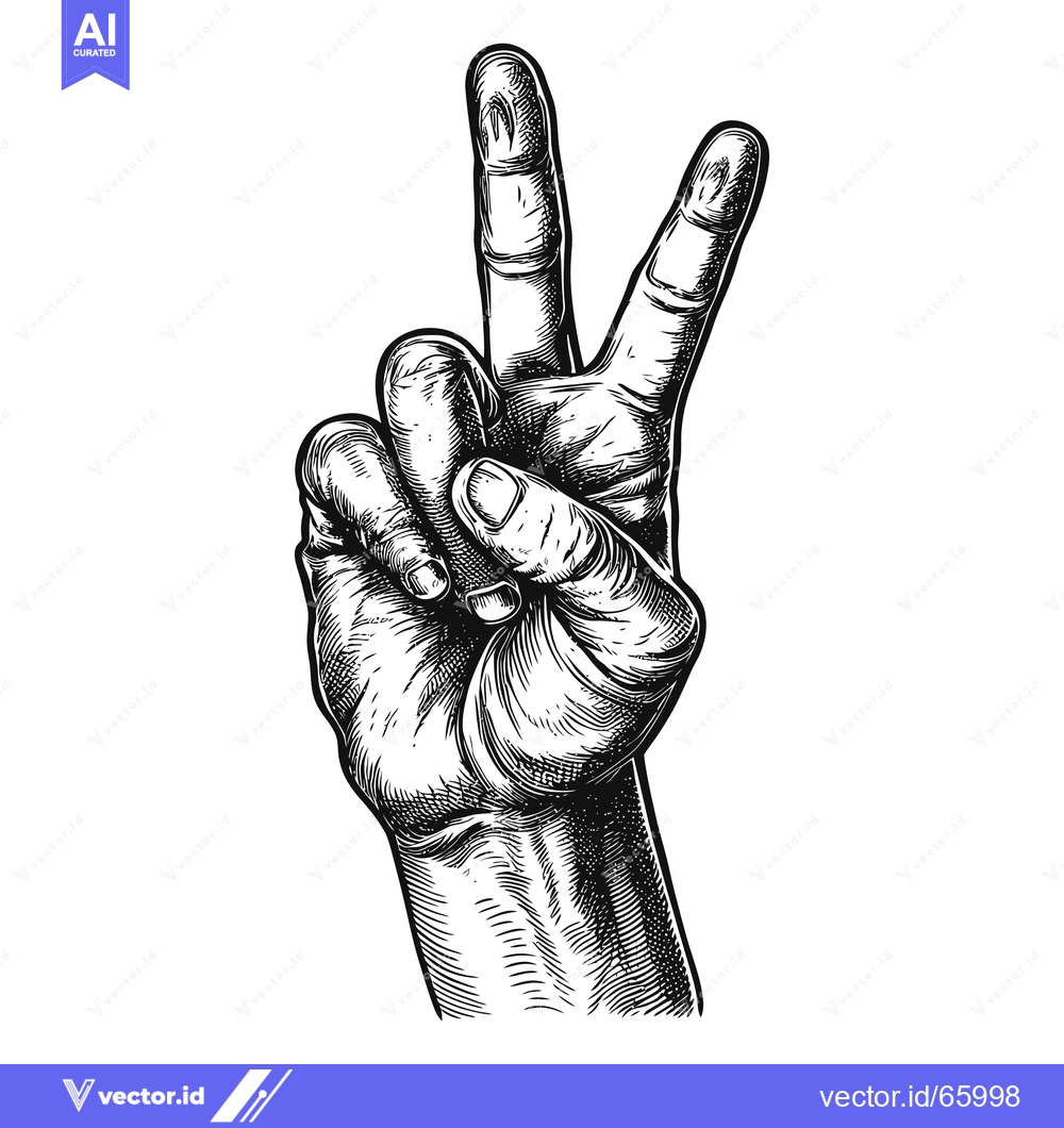 Premium Vector of Hand Gesture of Peace Sign in Black and White Engraved Style