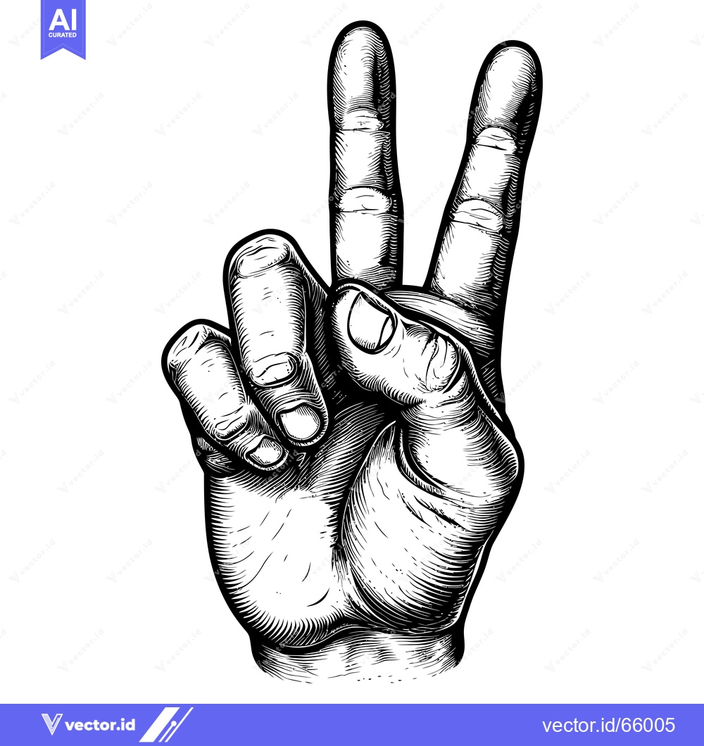 Premium Vector dari A Detailed Black and White Engraving of a Hand Showing the Peace Sign