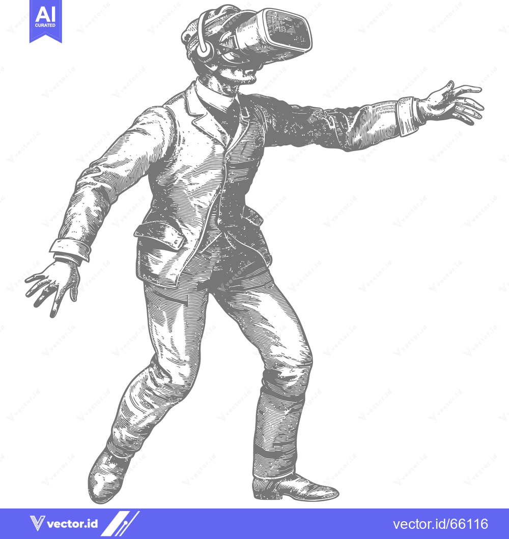 Premium Vector dari A man wearing a virtual reality headset, reaching out with his right h