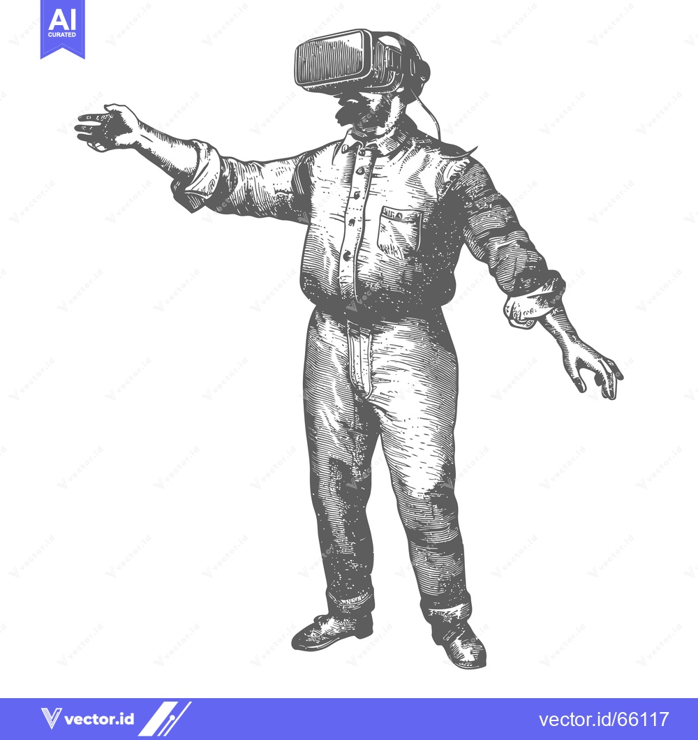 Premium Vector dari Hand-drawn illustration of a man wearing a VR headset and looking arou