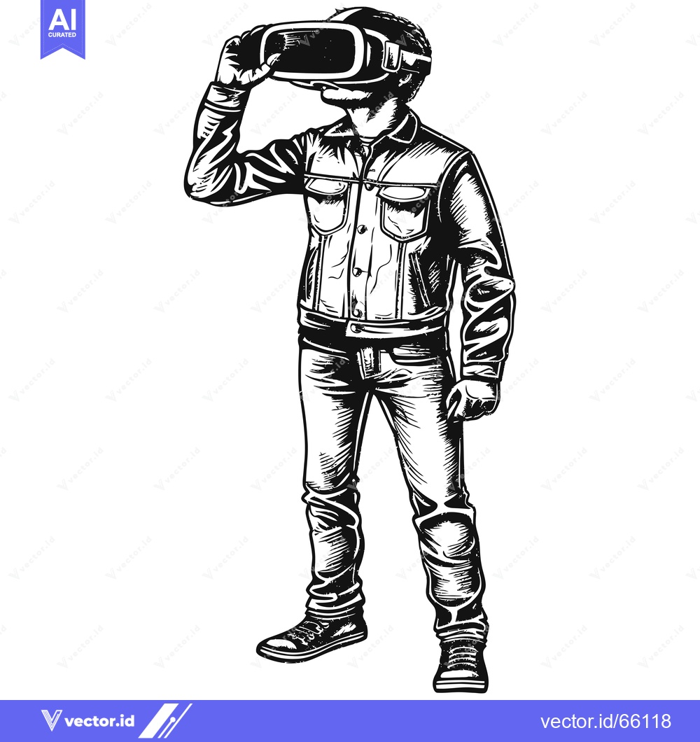 Premium Vector of A man wearing a VR headset, denim jacket, and jeans