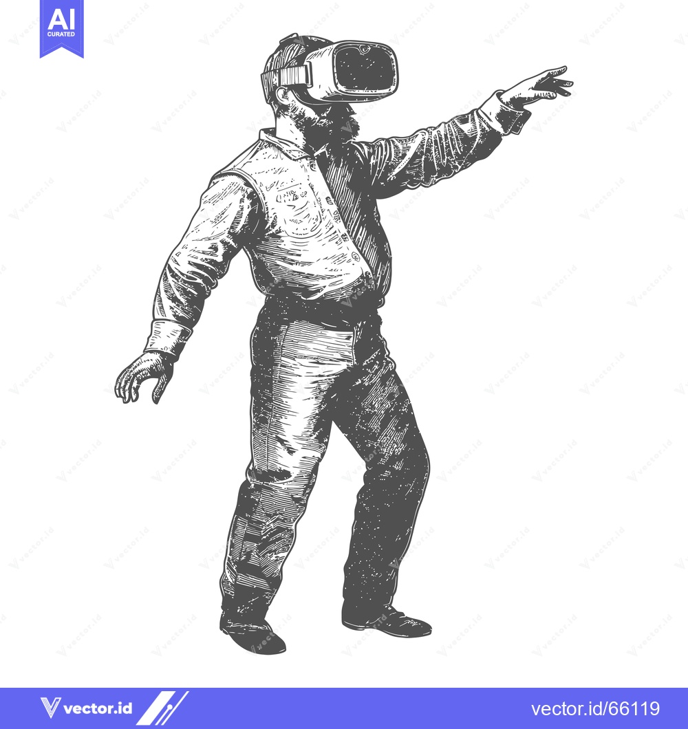 Premium Vector of A bearded man in a VR headset reaching out with his hand.
