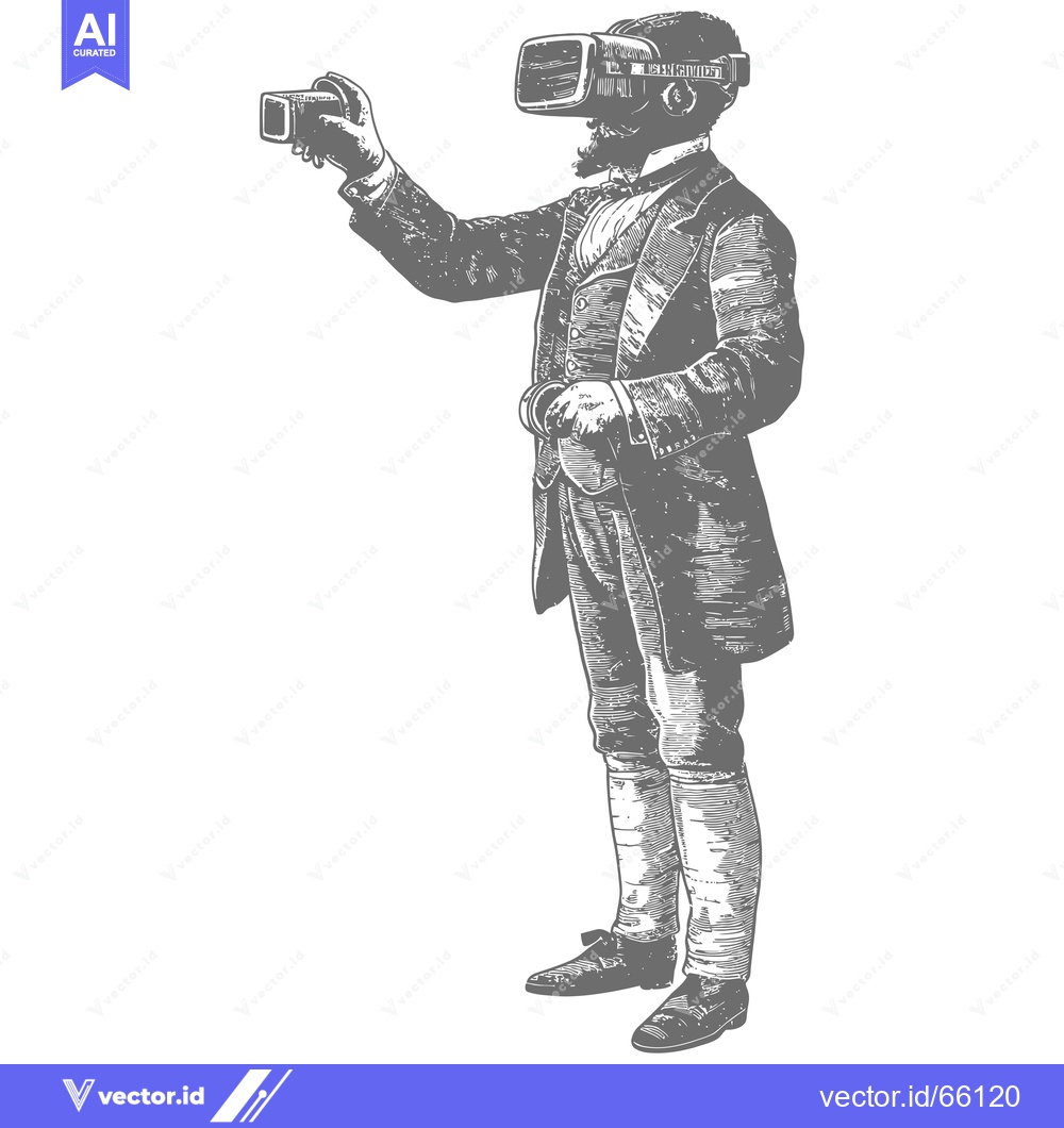 Premium Vector dari Gentleman Wearing a Virtual Reality Headset in a Vintage Style Illustr