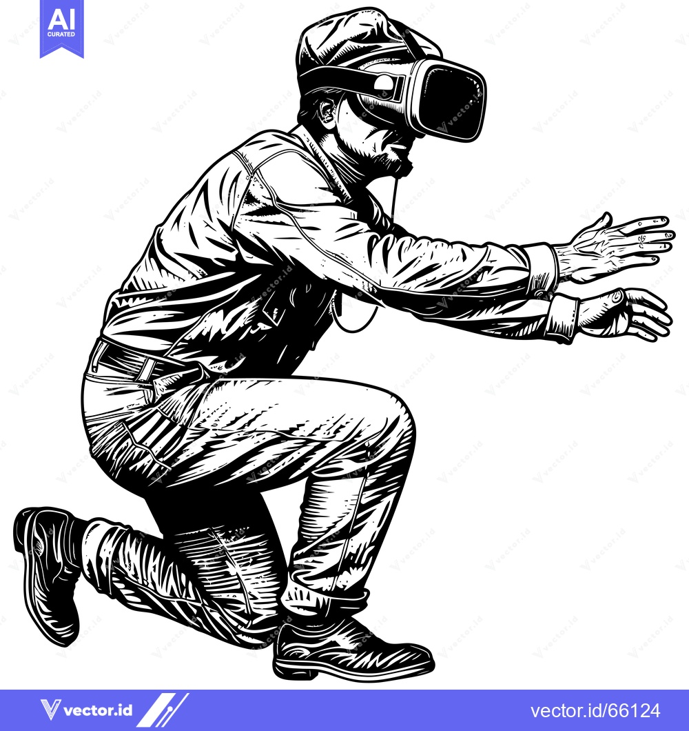 Premium Vector of A man wearing a VR headset reaches out with both hands