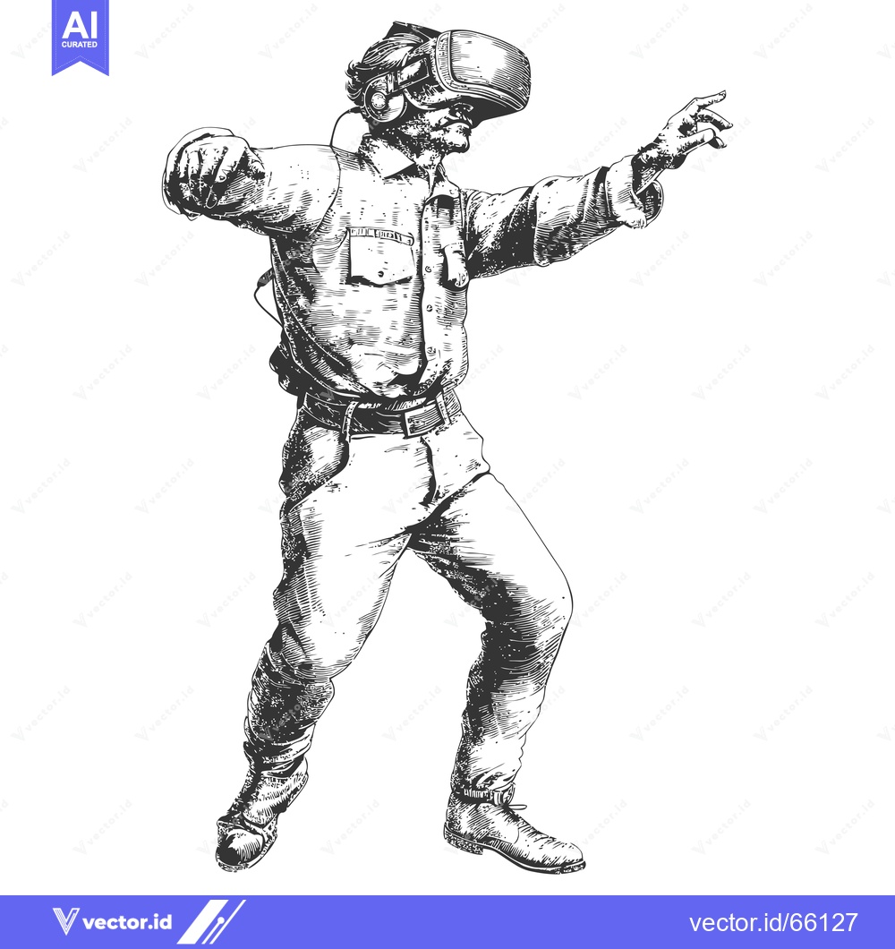 Premium Vector dari Hand-Drawn Illustration of a Man Wearing a VR Headset and Gesturing wi