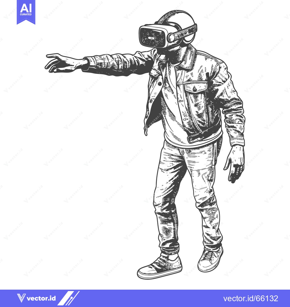 Premium Vector dari A Man Wearing a VR Headset and Jeans Reaches Out His Hand