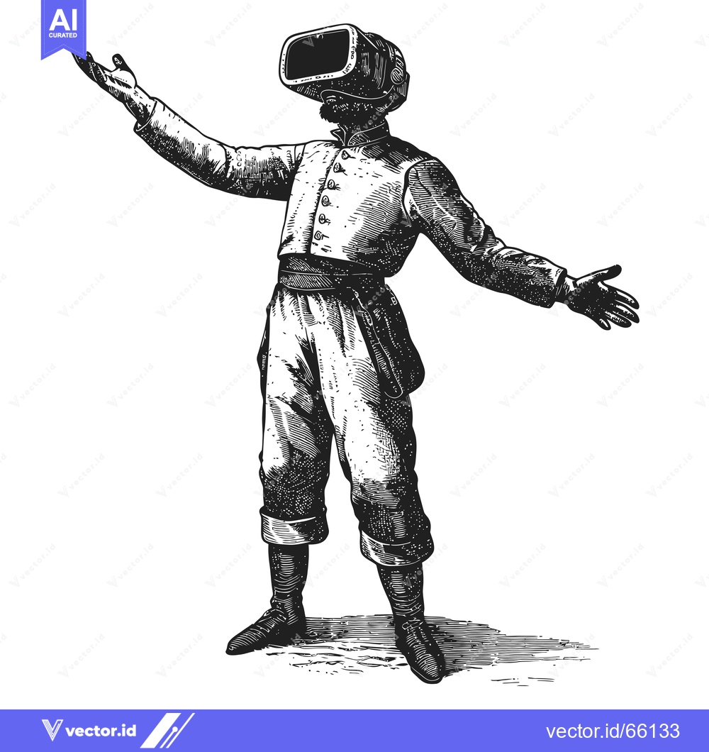 Premium Vector dari A Man Wearing a Virtual Reality Headset in an Antique Illustration Sty