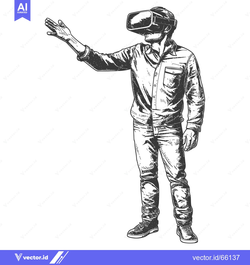 Premium Vector of Hand-drawn sketch of a man wearing VR goggles and reaching out with hi