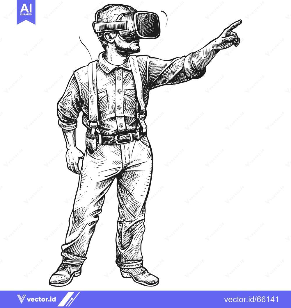 Premium Vector of Hand-Drawn Illustration of a Man Wearing a VR Headset and Pointing wit