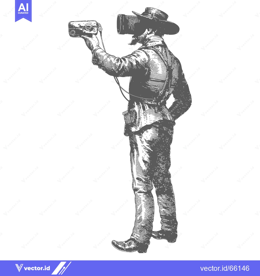 Premium Vector dari A man wearing a wide-brimmed hat and goggles holding a large vintage c