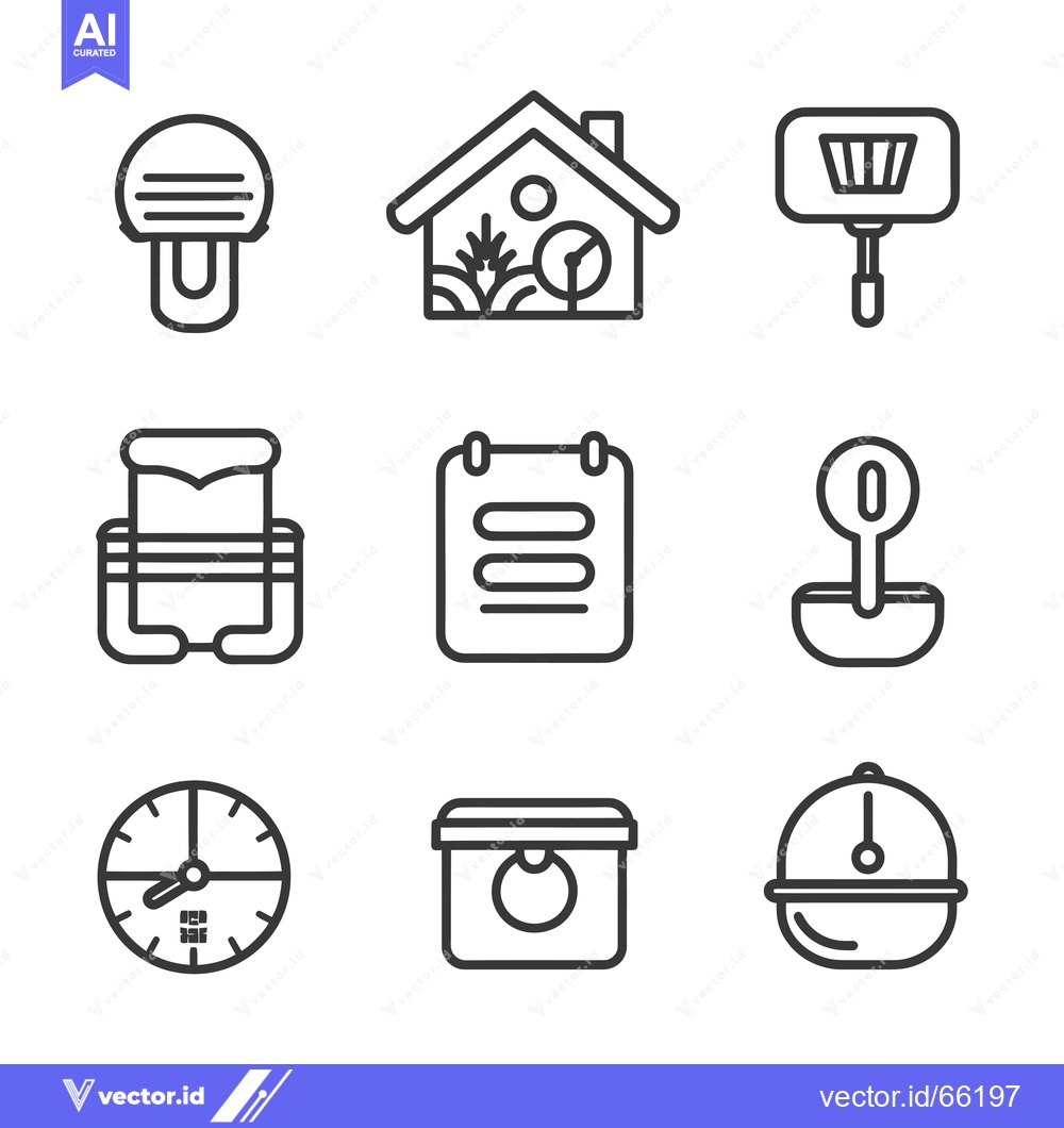 Premium Vector of Set of Nine Line Icons for Clocks, Homes, and Food