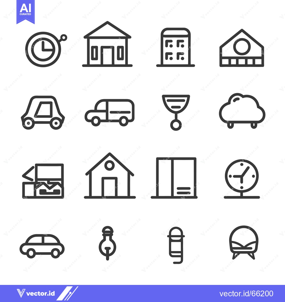 Premium Vector of A Collection of Line Art Icons Depicting Buildings, Vehicles, and Time