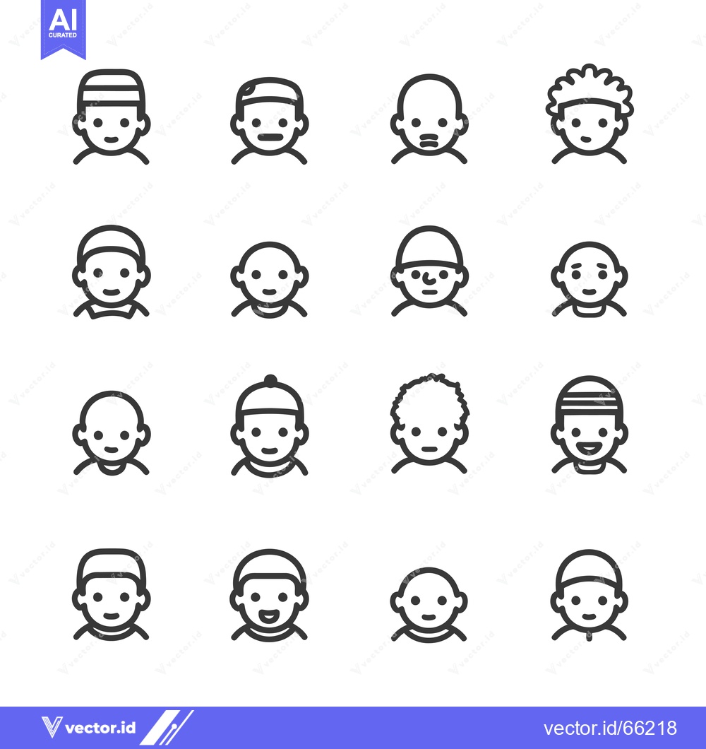 Premium Vector of Sixteen Outline Icons of Diverse Male Faces with Various Hairstyles an