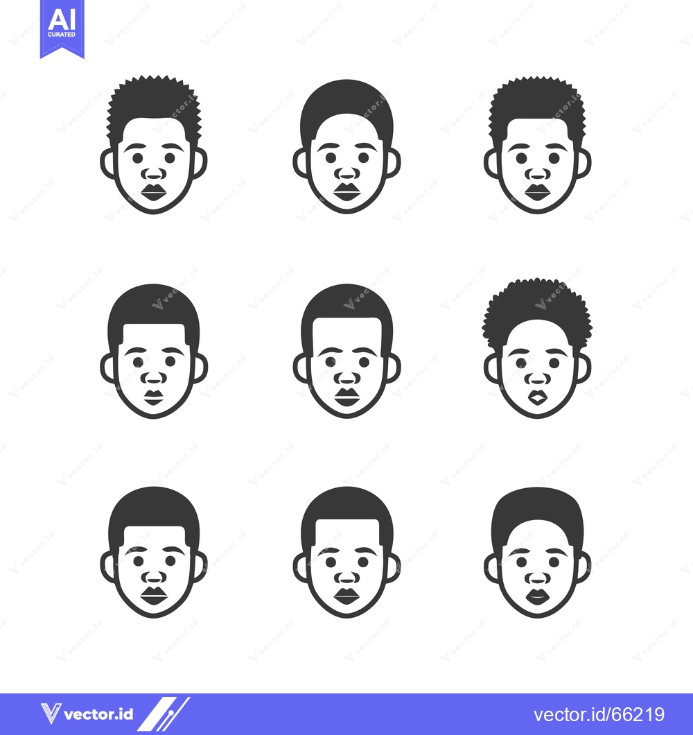 Premium Vector of Nine Black and White Male Face Icons with Different Hairstyles