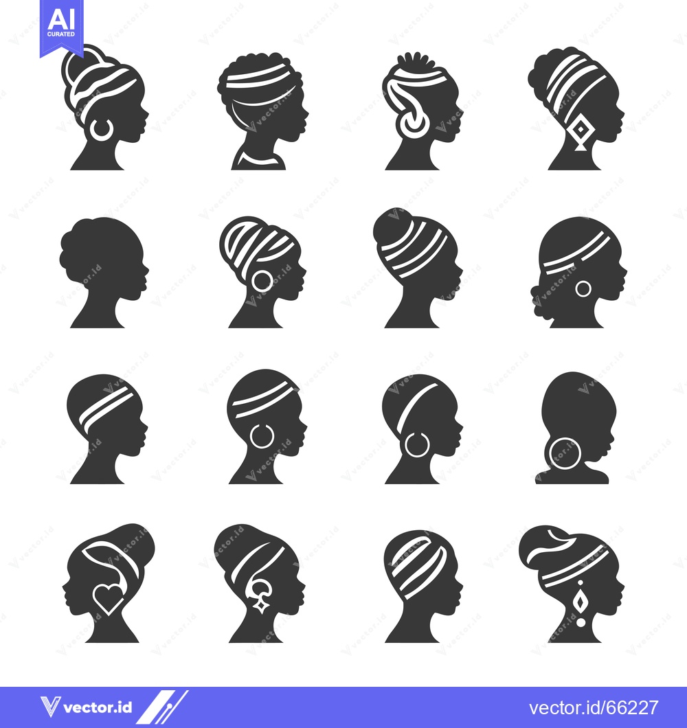Premium Vector dari Sixteen Black Female Silhouettes with Head Wraps and Earrings