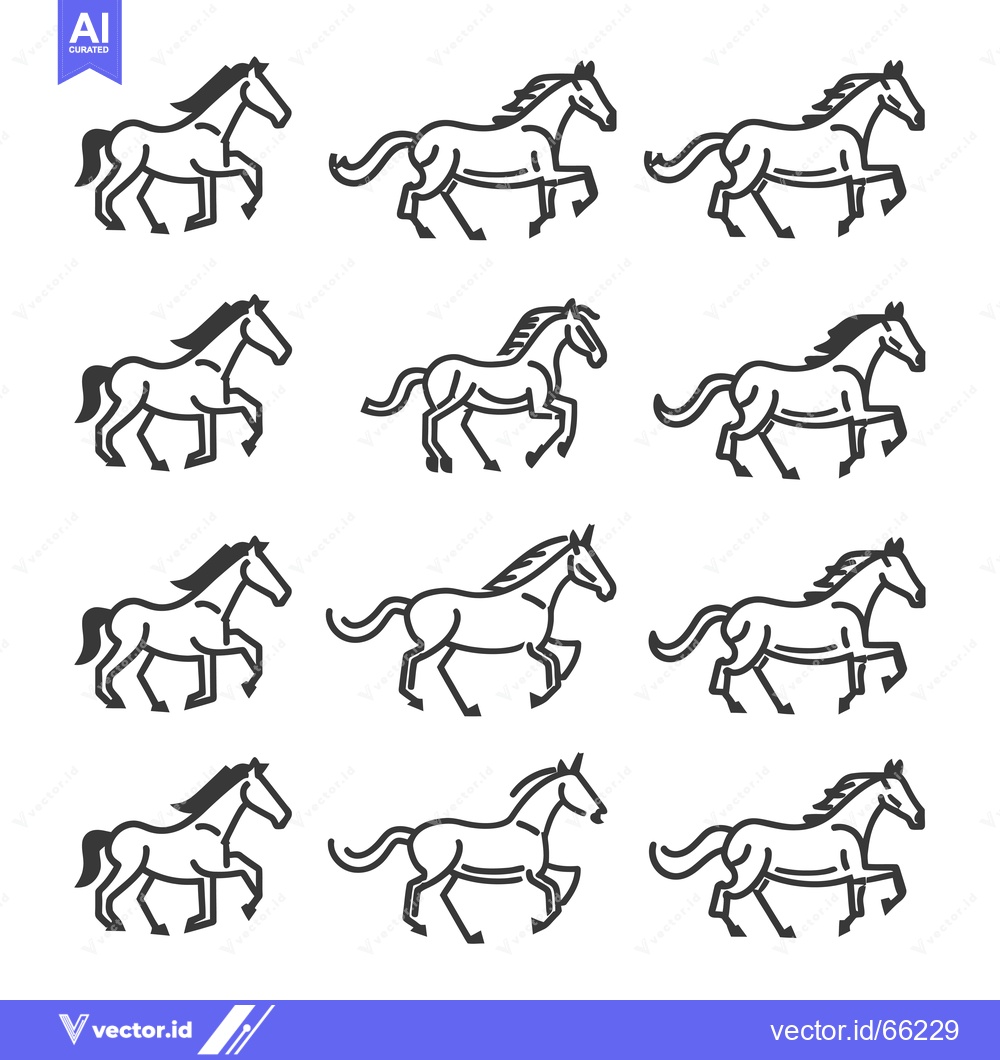 Premium Vector of Twelve Outline Illustrations of Running Horses