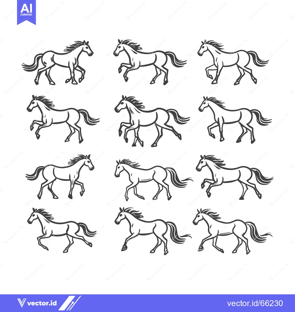Premium Vector of Twelve Line Drawings of Galloping Horses