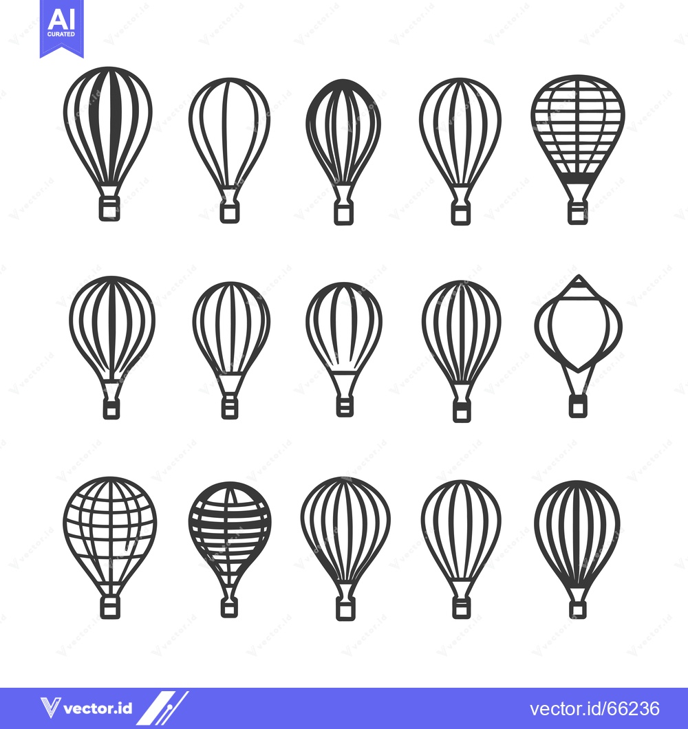 Premium Vector of A Set of Eighteen Black and White Hot Air Balloon Line Drawings