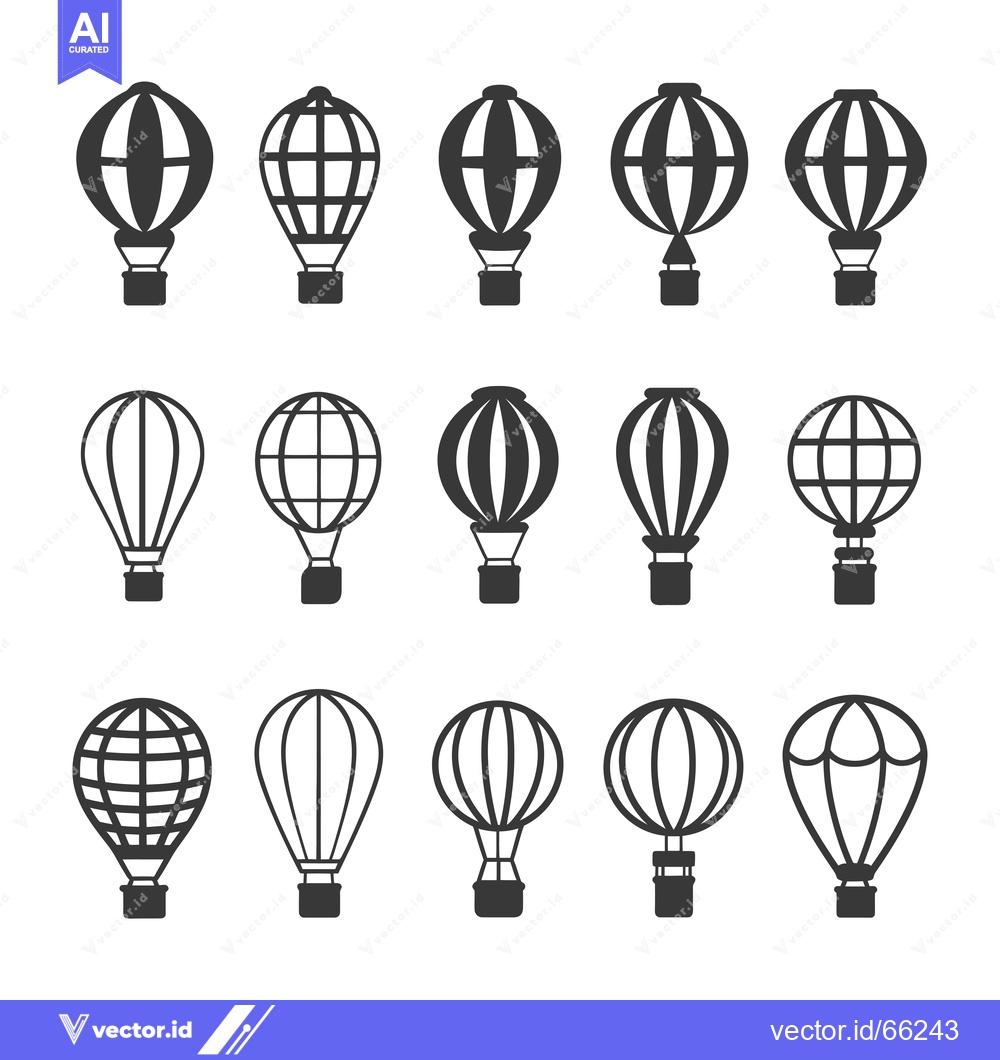 Premium Vector dari Set of 15 Black and White Hot Air Balloon Icons