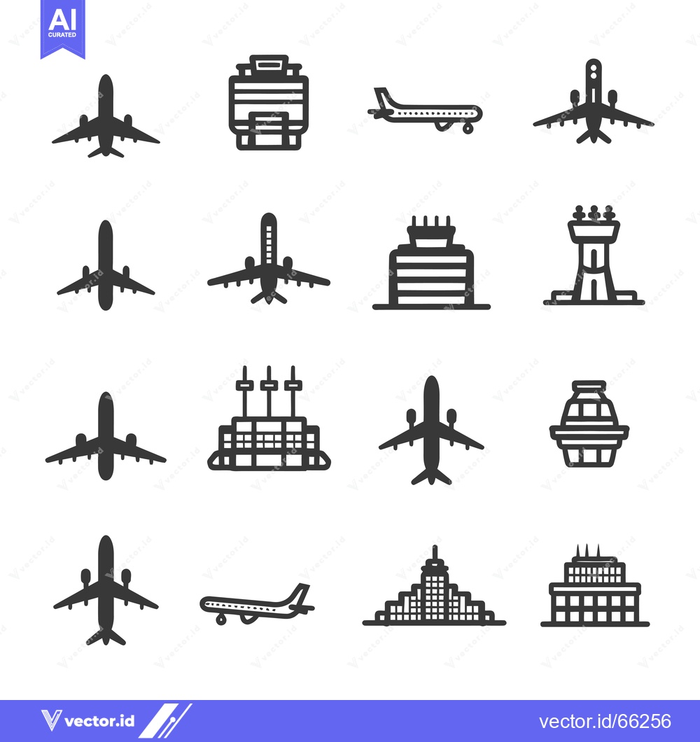 Premium Vector dari Airport Icon Set with Planes, Buildings, and Control Tower
