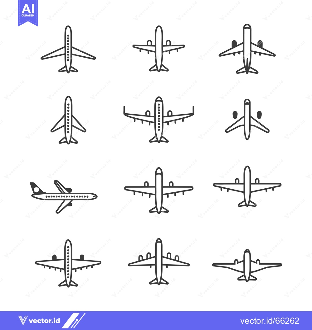 Premium Vector dari Set of 12 Outline Airplane Icons in Different Positions
