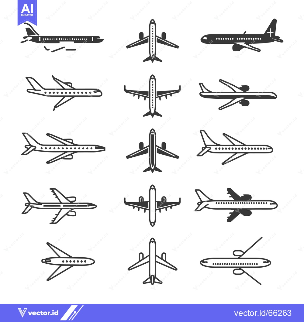 Premium Vector dari Collection of Different Airplane Silhouette Icons in Various Positions