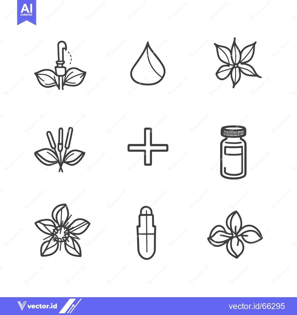 Premium Vector dari Set of Essential Oil Icons with Flowers and Bottles