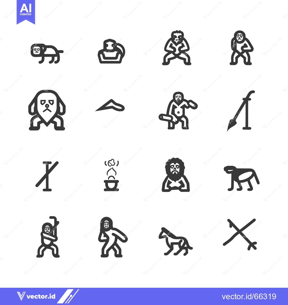 Premium Vector dari Set of Black and White Caveman, Animal and Tool Icons