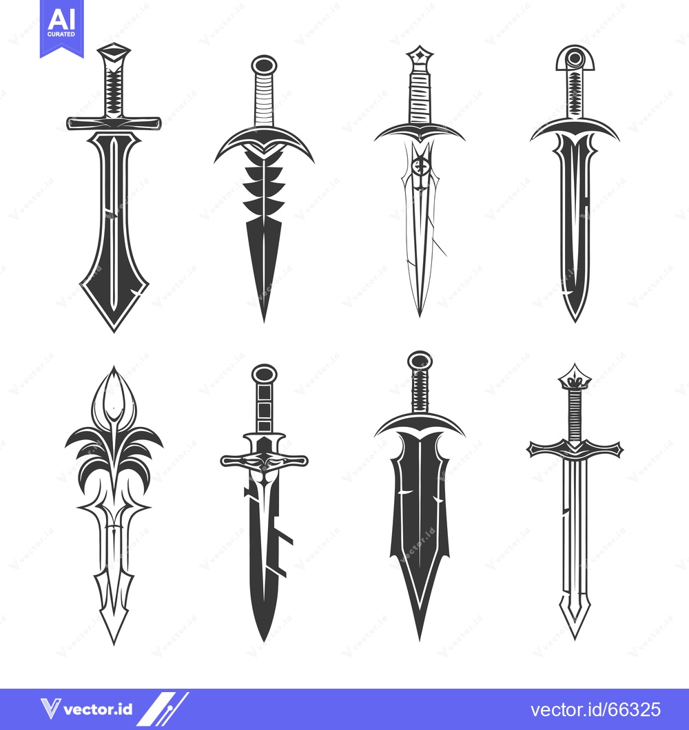 Premium Vector dari Set of 7 Stylized Black and White Swords