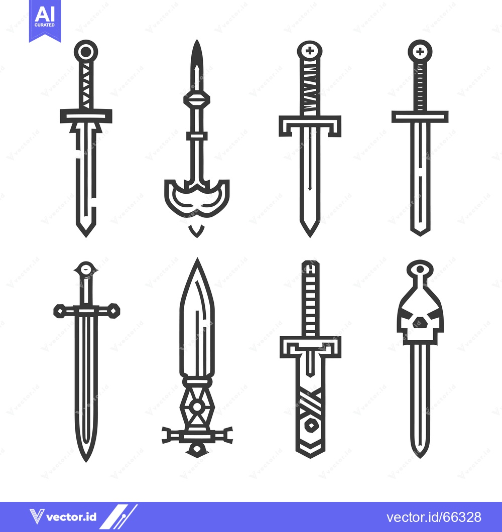 Premium Vector dari Collection of Eight Line Art Swords with Different Designs