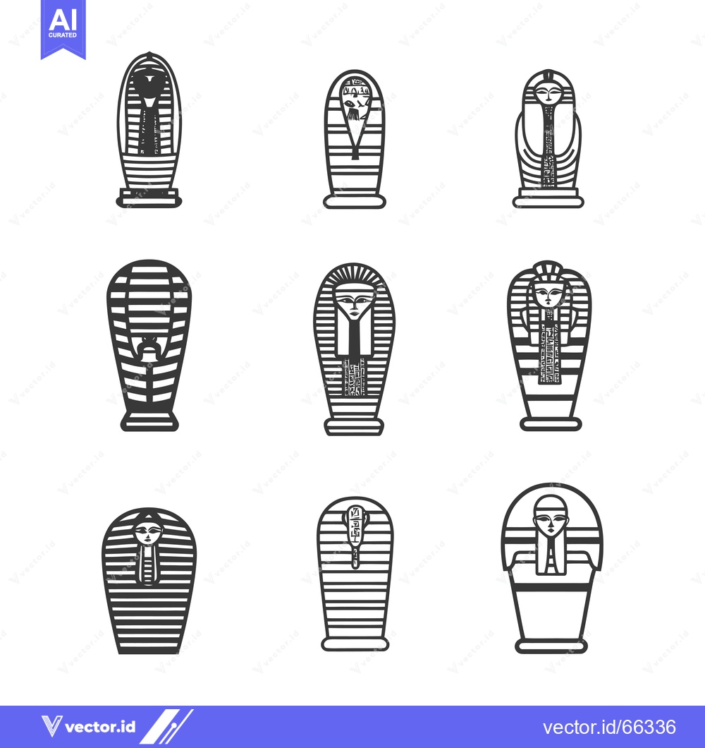 Premium Vector of Set of nine black and white stylized Egyptian sarcophagi with hierogly