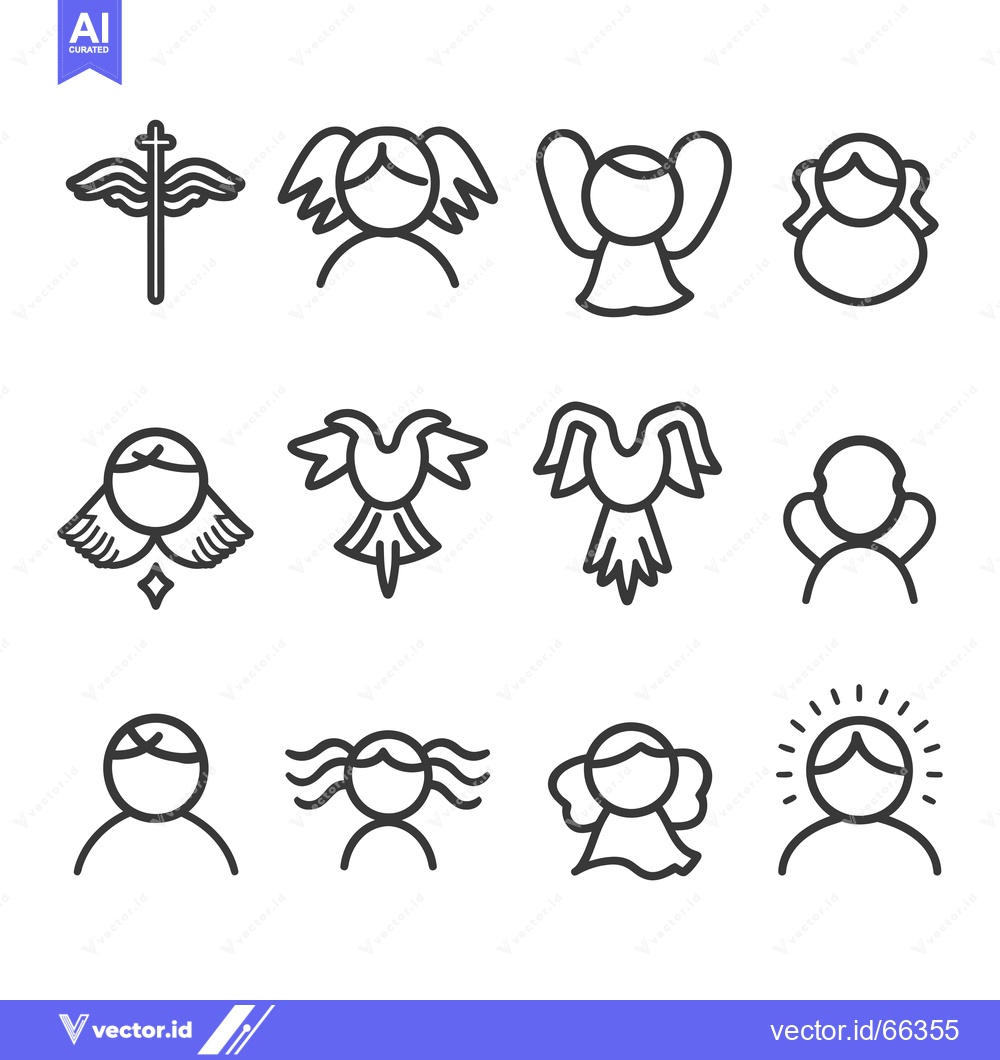 Premium Vector of A set of 12 line art icons depicting angels with wings