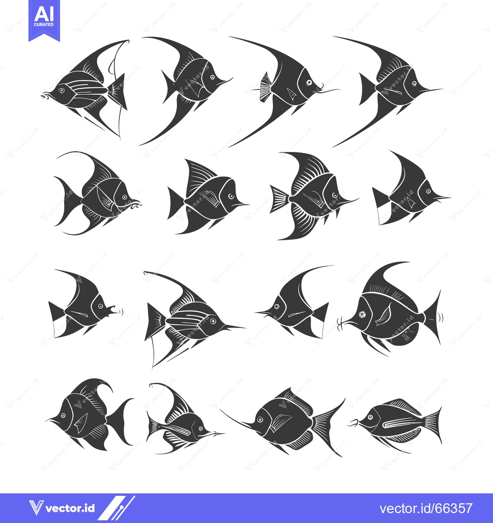 Premium Vector of A Collection of Black and White Angelfish Illustrations