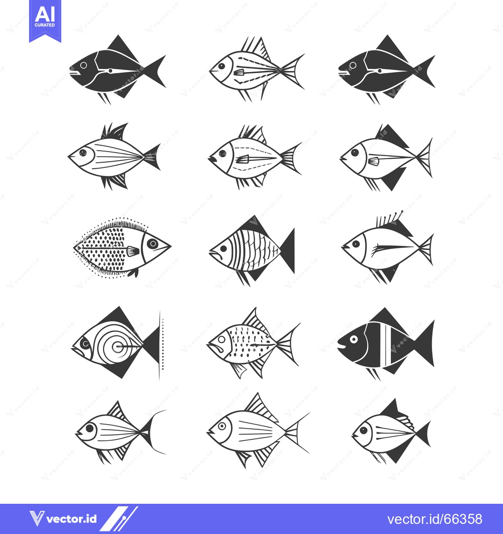 Premium Vector dari Twelve stylized black and white fish illustrations