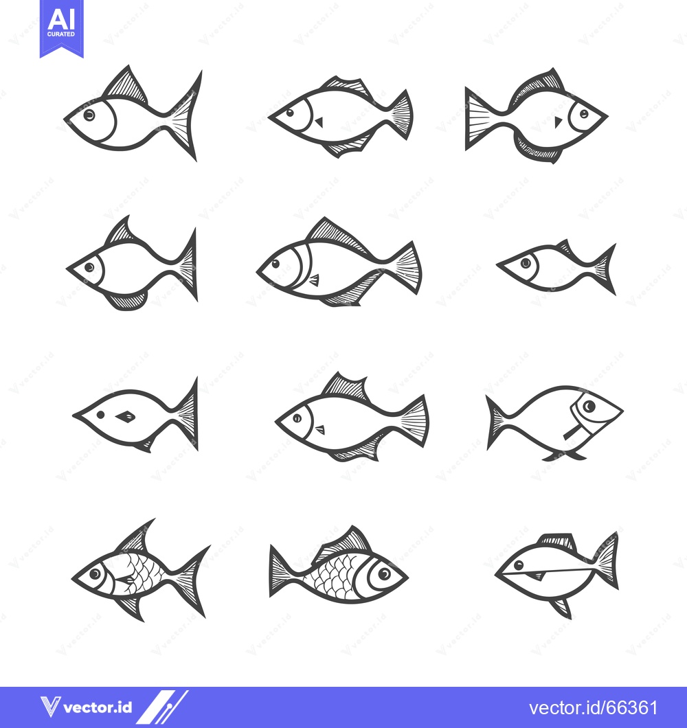 Premium Vector dari Hand-drawn black and white outline fish illustrations
