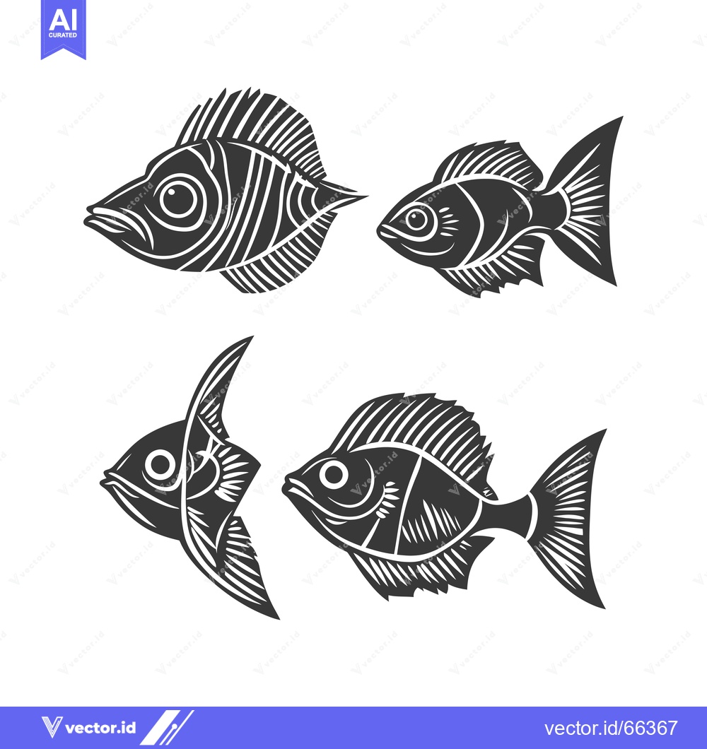 Premium Vector of Four Stylized Black and White Fish Silhouettes