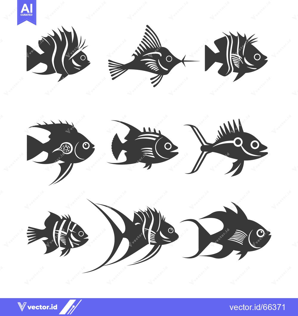 Premium Vector dari Set of nine stylized black and white fish silhouettes