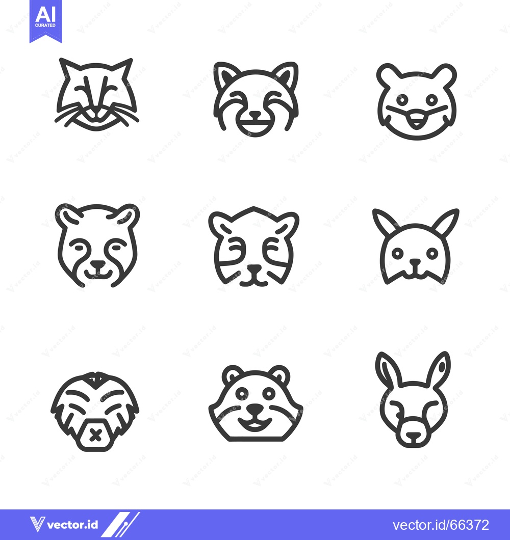 Premium Vector of Nine Black and White Outline Animal Face Icons