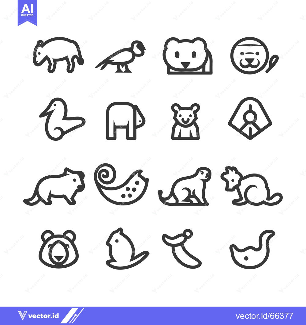 Premium Vector of Set of 16 Minimalistic Animal Icons in Black and White
