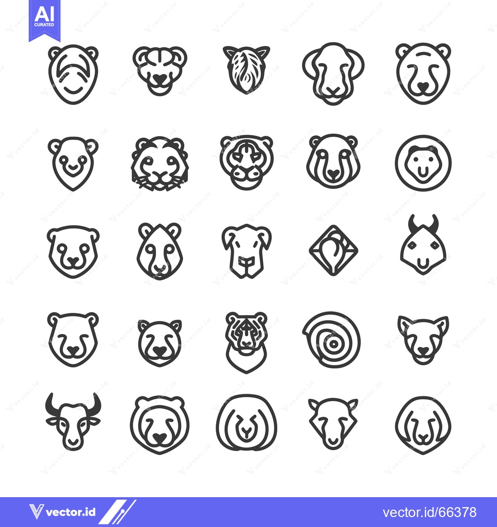 Premium Vector of A Collection of 25 Line Drawings Depicting Animal Heads