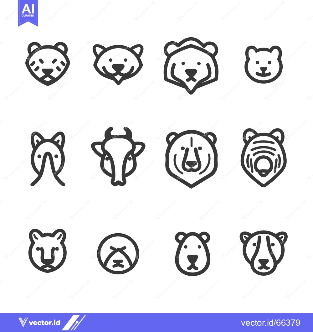Premium Vector dari A Set of Twelve Animal Faces in Line Art Style