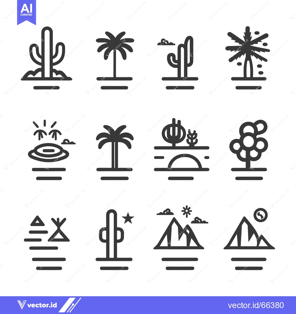 Premium Vector dari Desert Landscape Icons with Cacti, Palm Trees, and Mountains