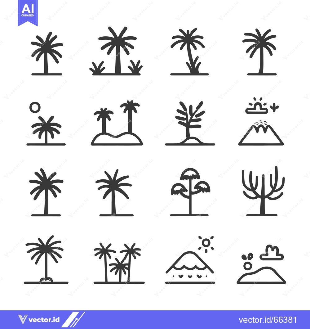 Premium Vector of Set of Hand-Drawn Tropical Tree and Mountain Icons