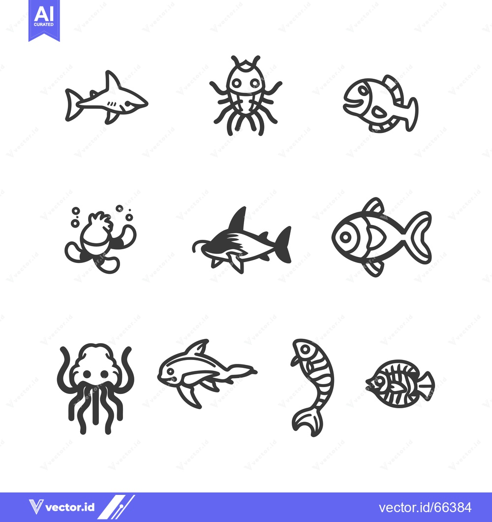 Premium Vector dari Nine Black and White Line Art Drawings of Sea Creatures