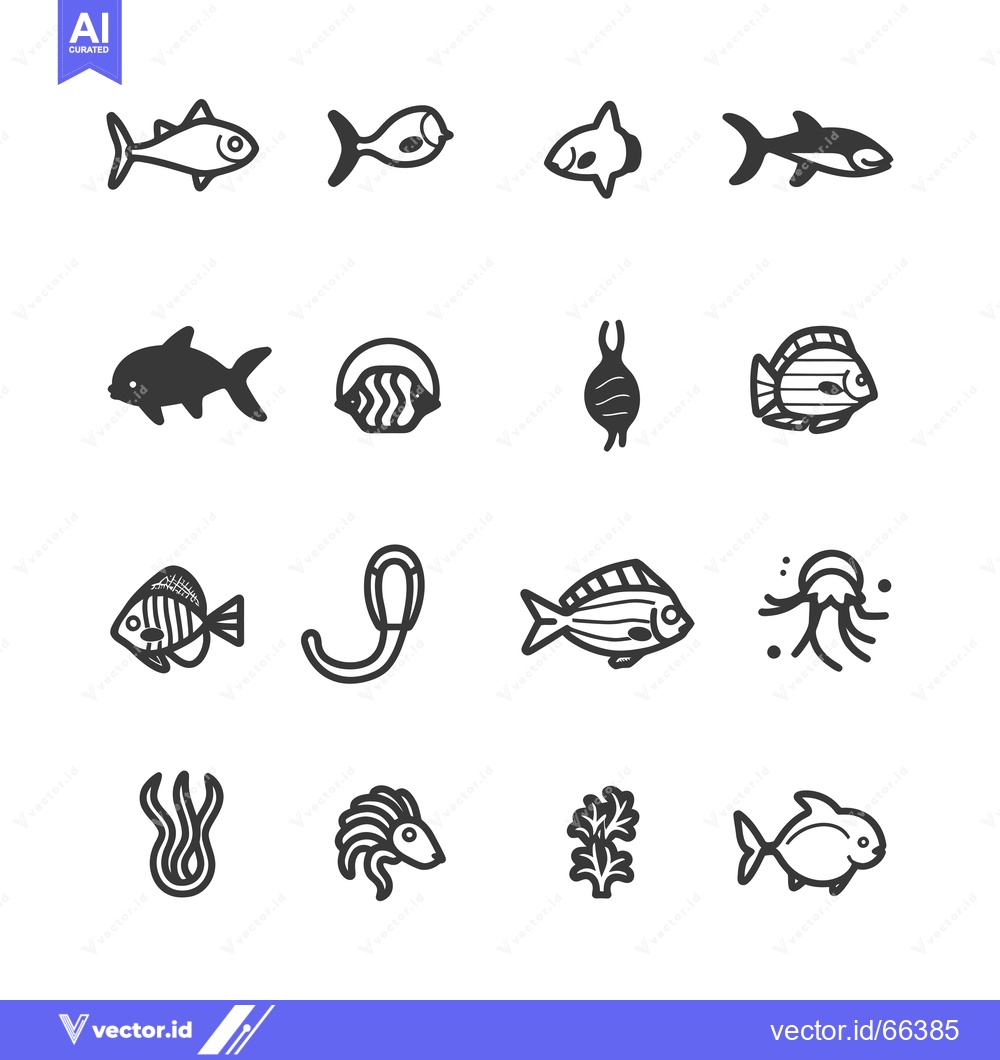 Premium Vector dari A Set of Sixteen Black and White Fish Icons